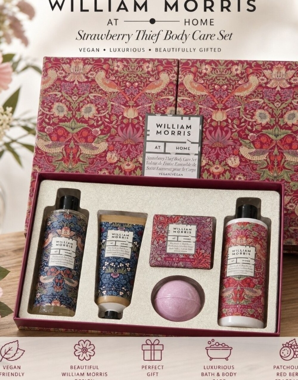William Morris Strawberry Thief Body Care Set- Patchouli And Red Berry Scented